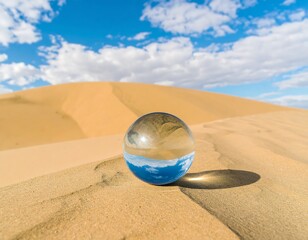 Clear sphere reflects sky over dunes