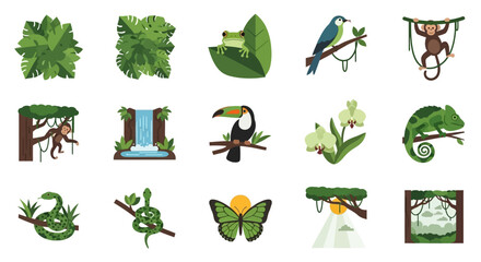 Vibrant Flat Design Jungle Rainforest Animals, Plants, and Natural Elements Vector Illustration Collection