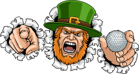 An angry Leprechaun Celtic Irish cartoon character holding Golf ball and pointing sports team mascot illustration.