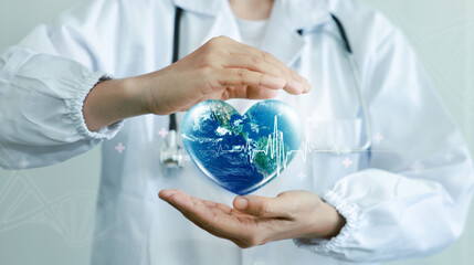 World heart day. health care medical focus heartbeat for checking the function of the patient heart. health insurance, love. heart attack and cardiology. elements of this image furnished by NASA.