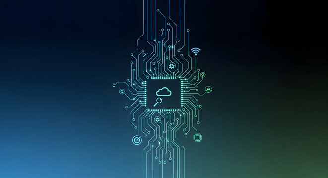 Digital cloud technology circuit board connecting data and innovation with glowing lines symbolizing connectivity and progress - Powered by Adobe