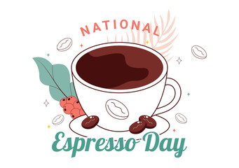 National Espresso Day Celebration Vector Illustration on November 23 Featuring a Coffee Cup and Coffee Beans in a Flat Style Cartoon Background