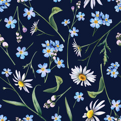 Obraz premium Wildflowers: chamomile and forget-me-nots on a dark background. A seamless pattern of daisy flowers.. Hand-drawn botanical watercolor illustration. A clipart for printing on fabric