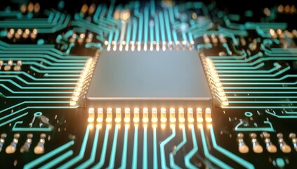Close-up of a circuit board with a central chip