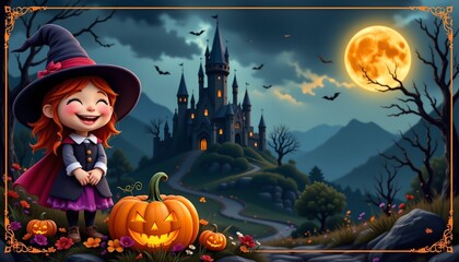 An animated character resembling a child with red hair in a witch costume standing in front of a Halloween themed setting