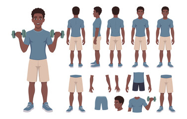 Obraz premium Vector art of man exercising with dumbbells in various poses and views, isolated on white background