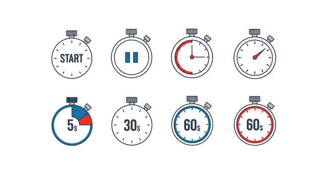 Set of eight stopwatches showing different time intervals, including start, pause, and various durations.