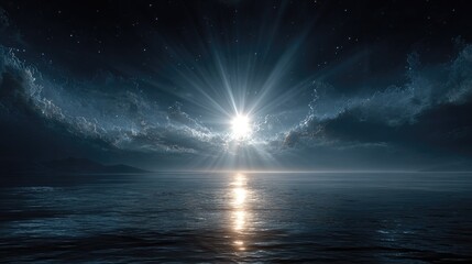 Night sun rising over still ocean