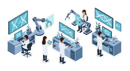 Isometric illustration of scientists working in a modern laboratory with robotic arms and DNA displays, conducting research and experiments.