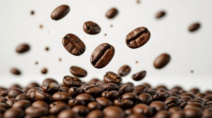 Obraz premium Roasted coffee beans falling against a white background