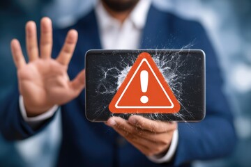 A person holds a tablet with a shattered screen displaying a red warning sign