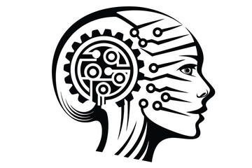 Stylized Humanoid Face Profile with Circuitry and Gears on White Background