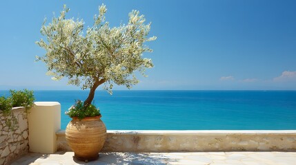 Olive tree in a terracotta pot overlooking the turquoise sea.