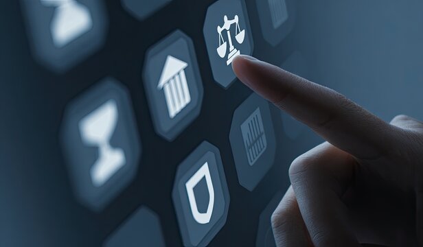 A hand points to a digital icon of scales, part of a grid of legal and financial icons on a touch screen - Powered by Adobe