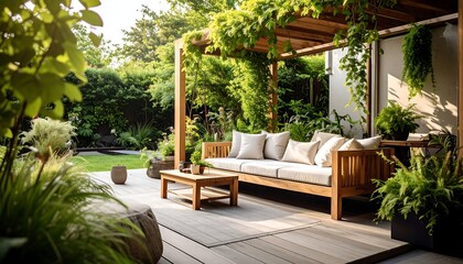 Obraz premium Serene Outdoor Living Space with Wooden Pergola, Sofa, and Lush Greenery