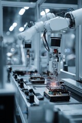 Fototapeta premium A robotics manufacturing workshop with multiple machines building smaller robots An AI program is ensuring each part meets specifications The mood feels, Generative AI