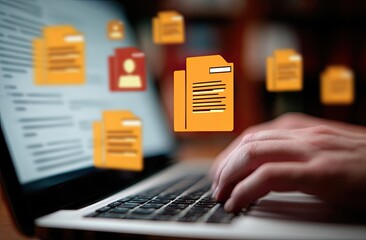 Close-up of hands typing on a laptop with floating document icons