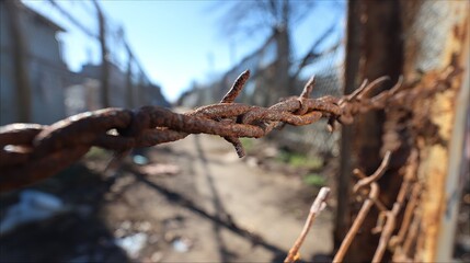 A close-up of weathered barbed wire strung along a rusty fence in an abandoned area under clear blue sky.