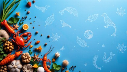 A vibrant and colorful display of food arranged in a zodiac sign constellation pattern against a blue background