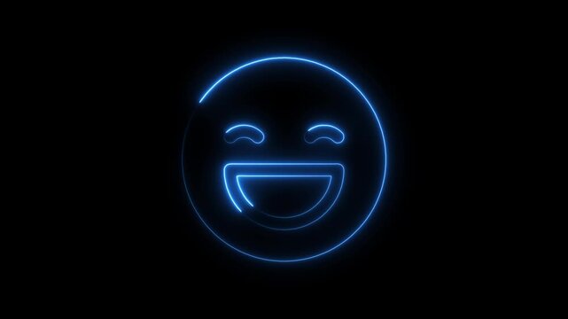 Animated glowing blue neon laughing emoji symbol on a dark background