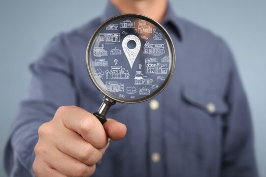 A hand holding a magnifying glass focusing on a location marker with various buildings