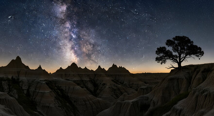 Fototapeta premium Witness the awe-inspiring Milky Way arching over a dramatic landscape, illuminated by light trails, evoking a sense of wonder and exploration of the night sky, perfect for travel campaigns.