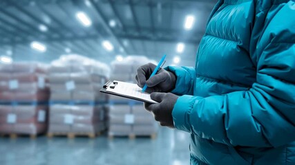 Frozen food delivery service worker checks cold chain shipping documents in warehouse ensuring quality and safety standards for shipping and storage - Powered by Adobe
