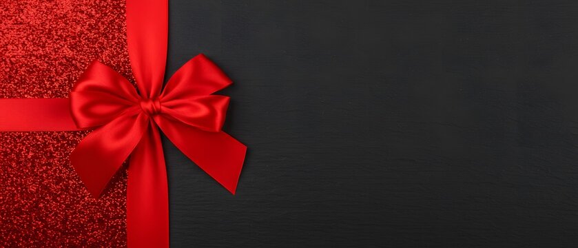 blank copy space, a red satin ribbon and bow, wallpaper  Decorative black bow with price tag. gift card wishes merry christmas background, red ribbon bow on black shiny vibrant color texture template,