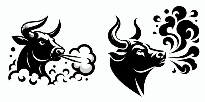 Bulls snorting clouds of steam. Cartoon Animal Clipart Silhouette Vector Illustration Line Art Illustration. Large cattle exhaling vapor plumes farm beast making smoke puff.