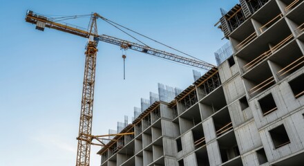 Towering Yellow Crane Overlooking Unfinished Concrete Building Under Clear Blue Sky