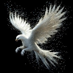 Glimmering white eagle in flight, sparkling with light, against a dark backdrop