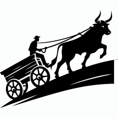 Bulls steadying wagon uphill. Cartoon Animal Clipart Silhouette Vector Illustration Line Art Illustration. Oxen powering cart incline climb supporting cargo advancing slowly.