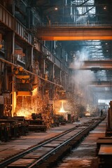 Naklejka premium A steel manufacturing plant with sparks flying from welding stations An AI interface is monitoring temperature levels for safety The mood feels controlled, Generative AI
