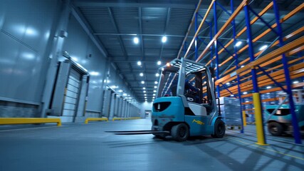 Frozen food delivery service with forklifts in cold chain shipping warehouse ensures safe and fresh products during efficient night transportation - Powered by Adobe