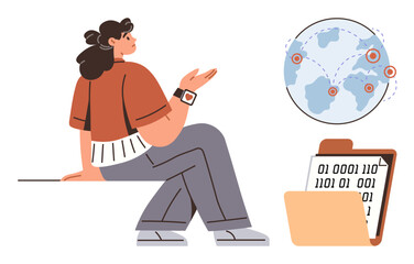 Woman gesturing beside file with binary code and world map featuring network connections. Ideal for technology, communication, globalization, remote work, data sharing, networking, education, simple
