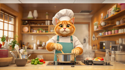 Whimsical Cat Chef Cooking in a Modern Kitchen, Stirring a Steaming Pot on the Stove