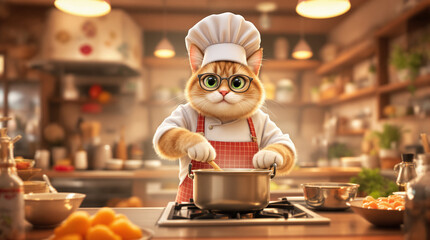 Charming Cartoon Cat Chef Cooking in a Home Kitchen, Stirring a Pot on the Stove with a Whimsical Expression