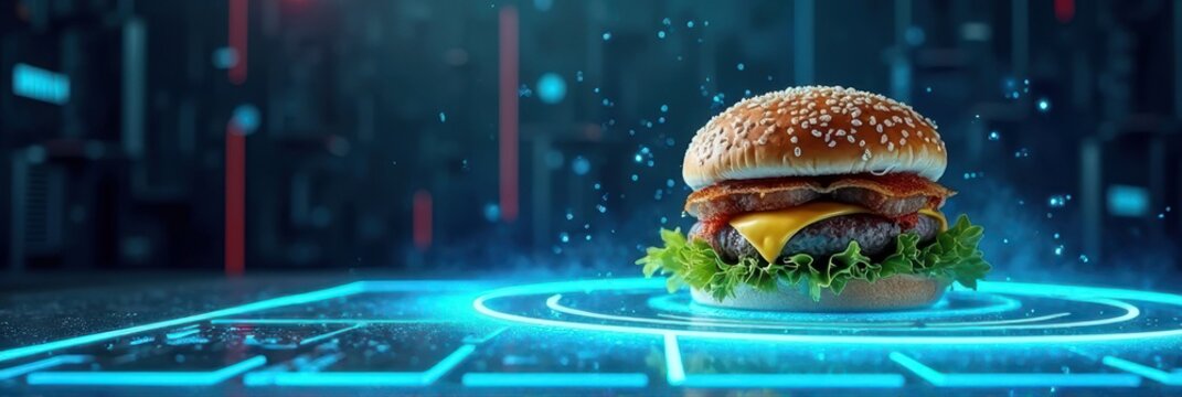 Futuristic cheeseburger with bacon and lettuce in neon blue sci-fi setting - Powered by Adobe