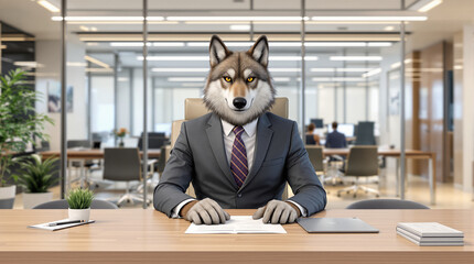 Anthropomorphic Wolf Executive in Modern Office