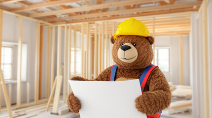 Cartoon Bear Construction Worker Mascot Holding Blueprint in Unfinished House Framing