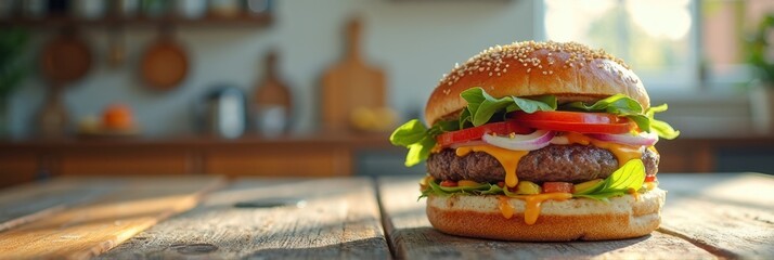 Juicy cheeseburger with fresh vegetables on rustic wooden table in sunlit kitchen