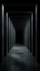 Obraz premium A dark empty room with a geometric row of black square columns stretching into the distance into perspective