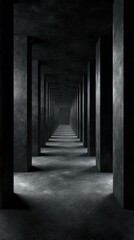 Fototapeta premium A dark empty room with a geometric row of black square columns stretching into the distance into perspective