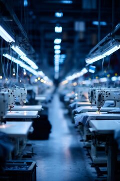 A textile factory with rows of sewing machines under bright lights An AI system is adjusting machine settings for optimal stitching The mood feels smooth, Generative AI
