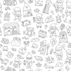 Obraz premium Vector black and white dwarf seamless pattern. Cute gnome repeat background or coloring page. Fairytale character digital paper. Magic creature texture with garden, mining, blacksmith