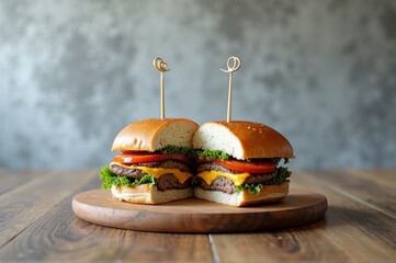 Juicy cheeseburger halves on wooden board with fresh vegetables