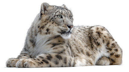 Obraz premium Side view of snow leopard lying with head up, PNG, transparent background