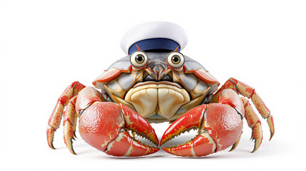 Adorable 3D cartoon crab character with big eyes wearing a sailor hat, isolated on white