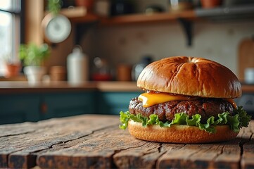 Juicy cheeseburger on rustic wooden table in cozy kitchen setting