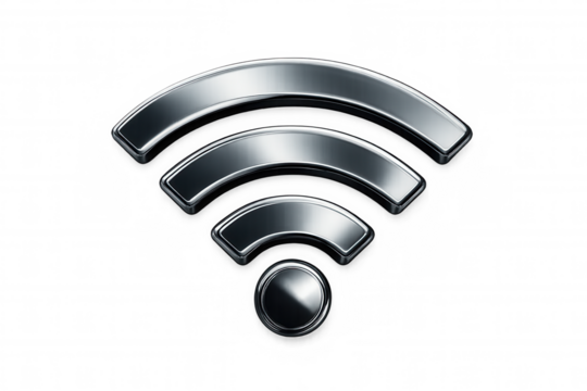 Chrome wireless network icon showing digital connectivity, symbolizing global internet access against transparent backdrop